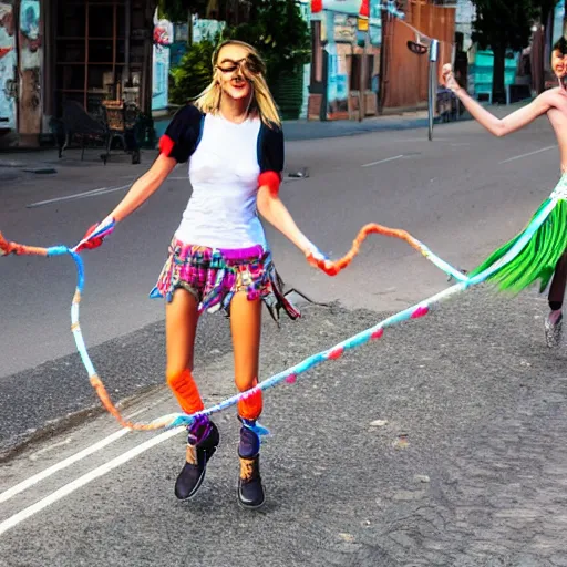 Prompt: vegetables jumping rope in the middle of the street hippie style
