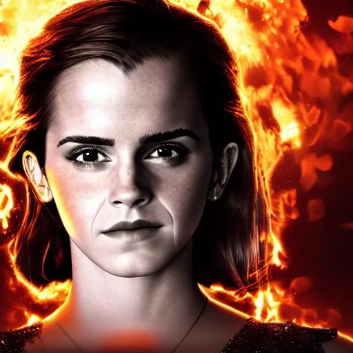 Image similar to Emma Watson Fire Godess, Epic pyrotechnics, 8k UHD, Epic lighting