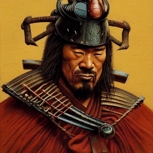 Prompt: head and shoulders portrait of a samurai, d & d, fantasy, greg rutkowski, frank frazetta, alexandre chaudret, boris vallejo, michael whelan, miro petrov, hr giger, magali villeneuve, donato giancola