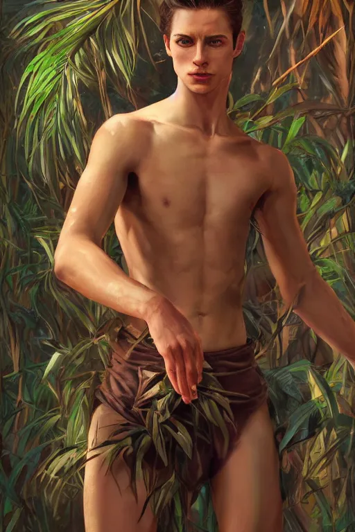 Image similar to stunningly handsome, male ballet dancer in jungle, symmetrical face, golden hour, smooth, focus, highly detailed, hyper realistic, dramatic lighting, elegant, intricate, concept art, art by wlop, mars ravelo, greg rutowski, artstation