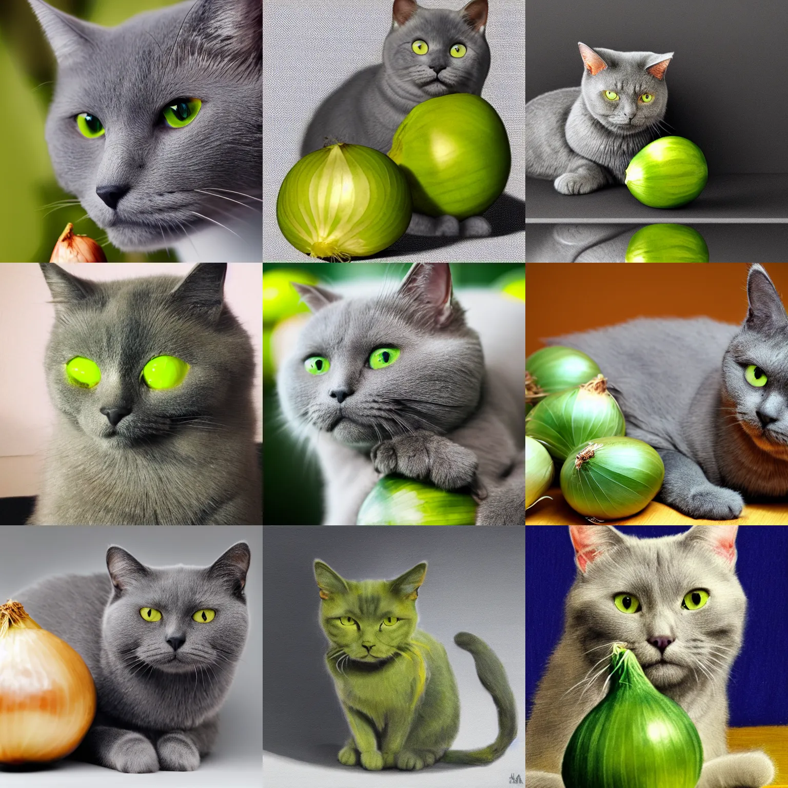 Prompt: highly detailed chartreux cat sitting next to an onion, beautiful, trending on artstation, 8 k