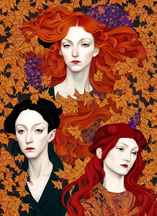 Prompt: 3 Autumn Muses symbolically representing September, October, and November, in a style blending Æon Flux, Peter Chung, Shepard Fairey, Botticelli, Ivan Bilibin, and John Singer Sargent, inspired by pre-raphaelite paintings, shoujo manga, and cool Japanese street fashion, dramatic autumn landscape, leaves falling, deep vivid warm tones, hyper detailed, super fine inking lines, ethereal and otherworldly, 4K extremely photorealistic, Arnold render