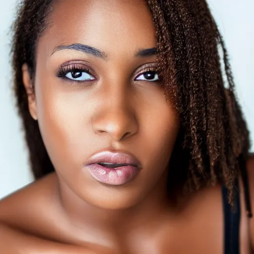 Image similar to a closeup portrait of a black woman with brown hair and brown eyes. Extremely clear and high quality eyes with reflection, realistic face and details, clear lips and high quality