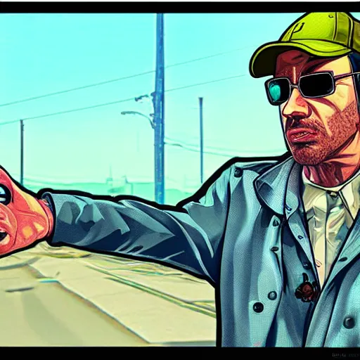 Image similar to upset delusional trippy conspiracy theorist person illustrated in the style of a GTA V poster, detailed, closeup