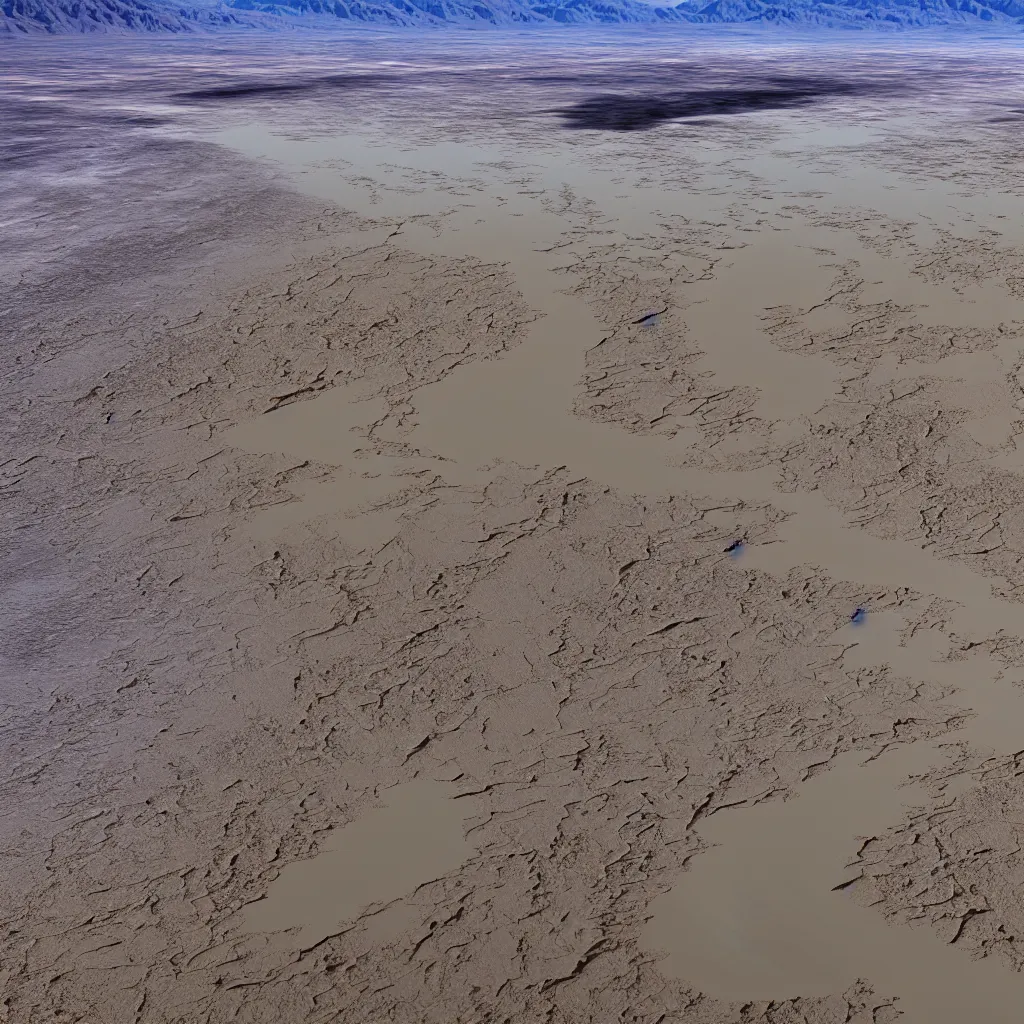 Image similar to Photorealistic epic wide angle satellite picture of furnace creek in Death Valley flooding, cinematic, hyper realism, high detail, octane render, 8k