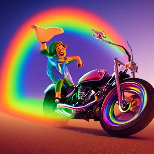 Image similar to scooby-doo doing a wheelie on a motorbike with rainbow glitter, hyperrealistic, 8k, octane render