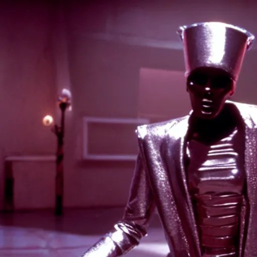 Prompt: movie still, grace jones wearing an tin man suit in bill & ted's excellent adventure, eldritch horror edition, realistic, 8 k