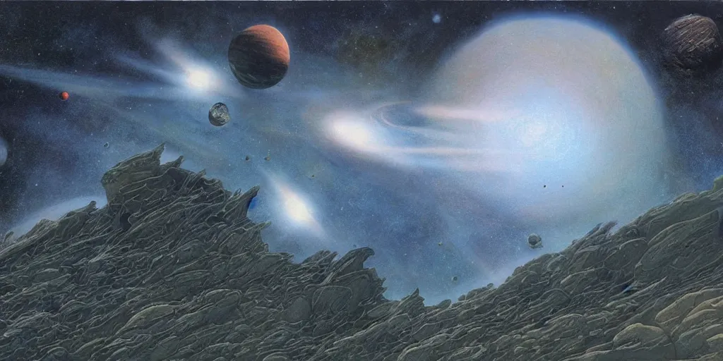 Image similar to Artwork by John Howe of the cinematic view of the Slow wave of the Astro-Asteroid System by John Howe.