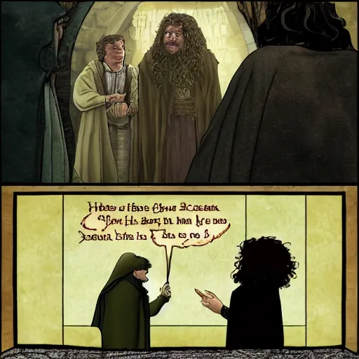 Image similar to frodo baggins meeting hagrid in hogwarts