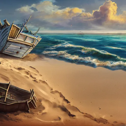 Prompt: shipwreck on a sandy beach on a sunny day? highly detailed, trending on artstation, award winning