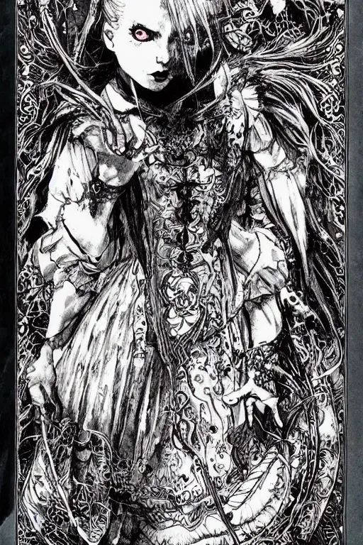 Prompt: Gothic Alice in wonderland tarot card , pen and ink, intricate line drawings, by Yoshitaka Amano, Ruan Jia, Kentaro Miura, Artgerm, watercolor