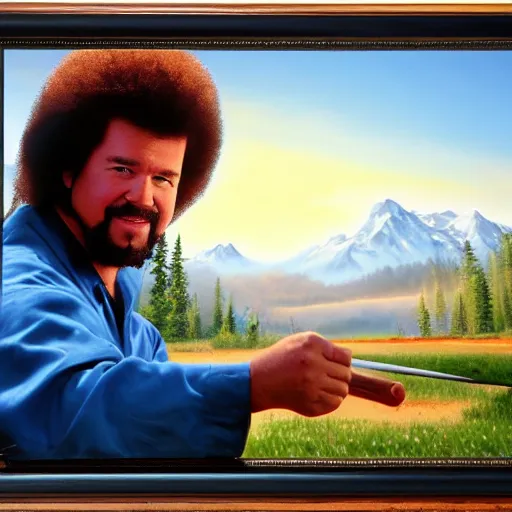 Prompt: a closeup photorealistic photograph of bob ross working on an image of kenny powers autographing a baseball, painting on a canvas. mountains and trees. film still. brightly lit scene. this 4 k hd image is trending on artstation, featured on behance, well - rendered, extra crisp, features intricate detail, epic composition and the style of unreal engine.