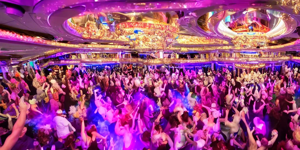 Image similar to 8 k uhd cinema 4 d, octane render of multiple cats with fluffy tails, dressed as vegetables, line dancing at a party, in the ballroom of a luxury cruise liner, beautiful chandeliers from the ceiling, ultra realistic, wide angle shot, group photography 1 8 mm lens, multi coloured volumetric lighting