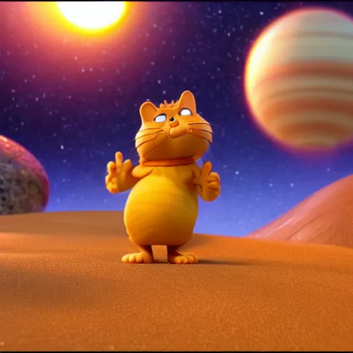 Image similar to garfield is he were a planet, space, stars, hair physics, blender render, pixar, disney, unreal engine 5, nvidia hair,