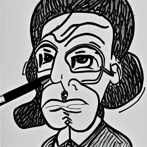 Prompt: line art drawing of a caricature of a painter with big shoes and a life site paint brush