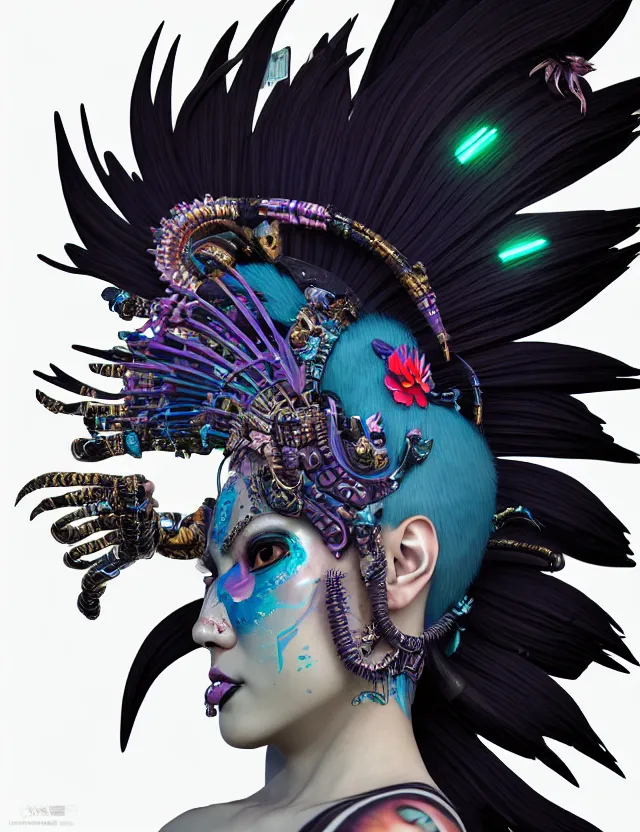 Image similar to 3 d goddess close - up profile portrait punk with mohawk with ram skull. beautiful intricately detailed japanese crow kitsune mask and clasical japanese kimono. betta fish, jellyfish phoenix, bio luminescent, plasma, ice, water, wind, creature, artwork by tooth wu and wlop and beeple and greg rutkowski