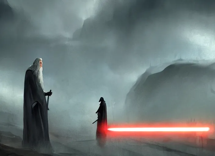 Image similar to gandalf using electric magic against darth vader, beautiful landscape, dramatic lighting, cinematic, establishing shot, night time, heavy rain, extremly high detail, photorealistic, cinematic lighting, post processed, concept art, artstation, matte painting, style by greg rutkowsky