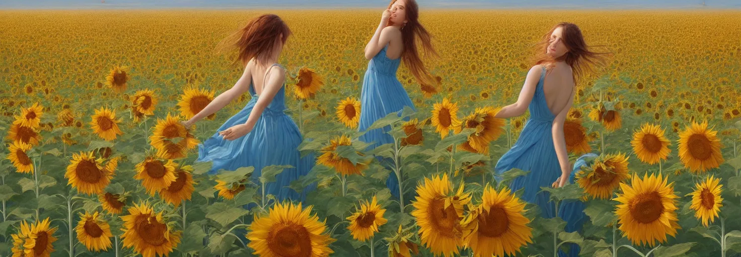 Image similar to beautiful young girl dancing in a fiery dress in a beautiful field of sunflowers and lilies, high detail, very realistic, by greg rutkowski, by james gurney ultra clear detailed, digital painting by ( ( makoto shinkai ) ), moebius moebius, surrealism, trending on artstation