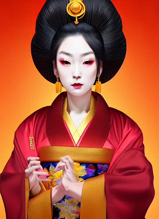 Image similar to dreamlike luxury stunning oiran portrait, red and gold kimono, art by artgerm, wlop, loish, ilya kuvshinov, 8 k realistic, hyperdetailed, beautiful lighting, detailed background, depth of field, symmetrical face, frostbite 3 engine, cryengine,