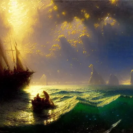 Image similar to point of view of deep in the ocean looking up, you see fishes, the milk way, night time, midnight, no sunlight. highly detailed painting by gaston bussiere, greg rutkowski 8 k