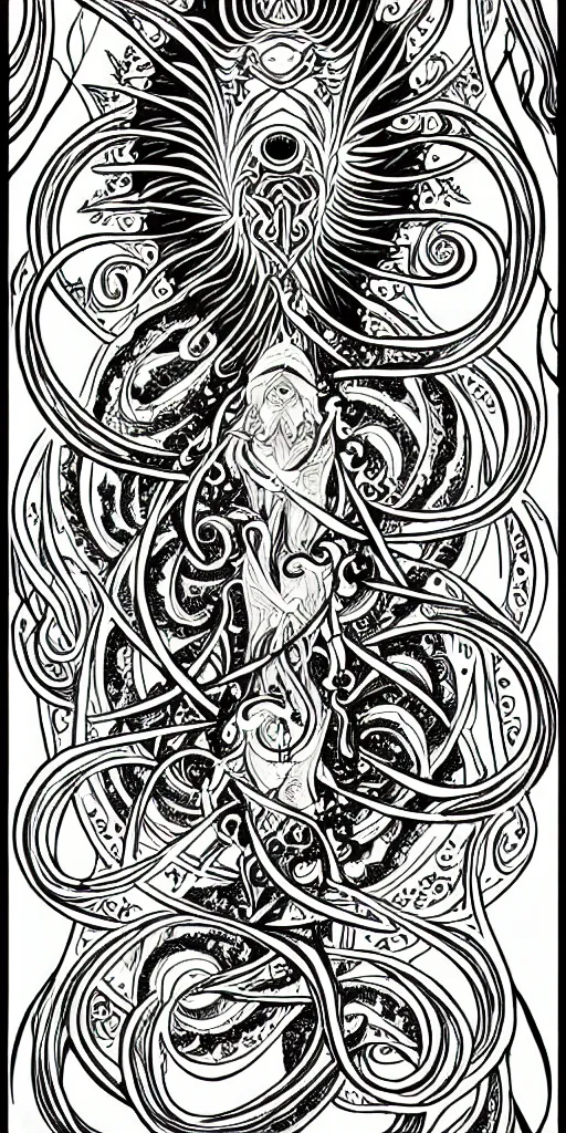 Prompt: a beautiful black and white fractal tarot card featuring bold occult imagery with clean lines. ocean fish cthulhu. detailed adult coloring book