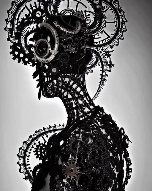 Image similar to surreal dark poetic black and white photo portrait of complex bio-mechanical beautiful young silver female vegetal-cyborg with a Mandelbrot fractal steampunk metal fine lace face, a very long neck and a fine metal floral foliage super big lace collar by Alexander McQueen:: smoke, high fashion, haute couture, rococo, steampunk, silver filigree details, anatomical, facial muscles, cable wires, microchip, elegant, dreamy, foggy atmosphere, hyper realistic, 150 mm lens, soft rim light, octane render, unreal engine, picture was taken in 1910 by Man Ray, volumetric lighting, dramatic light,8k,