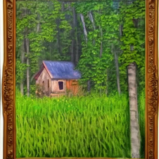 Prompt: a painting of a Eerie cabin in the middle of the woods in the style of Monet