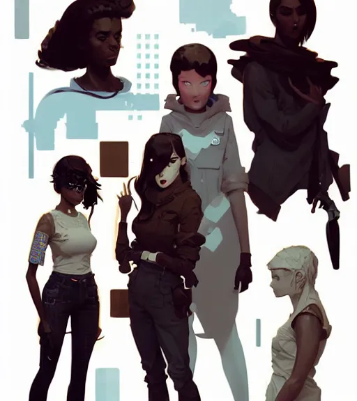 Image similar to portrait of stoic heroic blonde tomboy butch woman engineer and tall black - haired goth feminine woman standing back to back by atey ghailan, by greg rutkowski, by greg tocchini, by james gilleard, by joe fenton, by kaethe butcher, dynamic lighting, gradient light blue, brown, blonde cream and white color scheme, grunge aesthetic