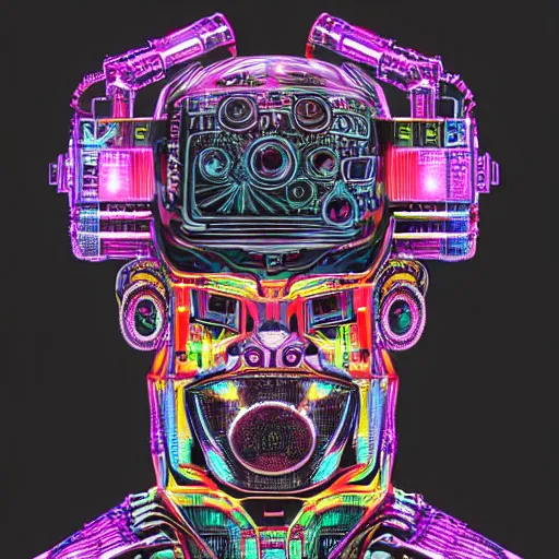 Image similar to black tshirt with a hyperdetailed portrait of a trippy diesel punk robot, 8 k, symetrical, flourescent colors, multicolored,