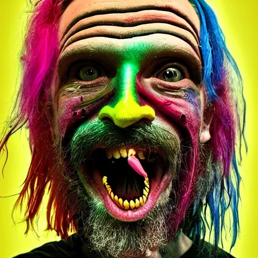 Image similar to a crazy man with long multi colored hair and a pointy beard smiling and making strange gestures as his face melts and inside his face are various psychedelic rebel monsters, psychedelic surreal cosmic bizarre horror