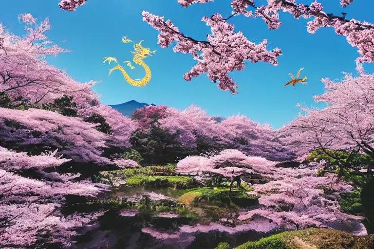 Image similar to a full body dragon flying in the sky of the japanese countryside town in a summer afternoon, quiet, leisure, cherry blossoms on the full sky