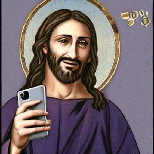 Prompt: Jesus taking a selfie. He is laughing because see a meme.no letters, year 0 clotes, Professional photo