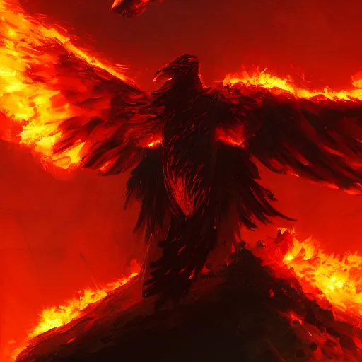 Prompt: evil red eagle engulfed in flames, fantasy art by Craig Mullins, trending on artstation