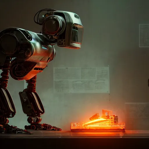 Image similar to toaster oven robot, mechanical, machine, octane render, sharp focus, hyper - realistic, intricate, detailed, eduard pronin, luka mivsek, ruan jia, dark messy smoke - filled cluttered workshop, dark, dramatic lighting, orange tint, sparks, cinematic, highly detailed, sci - fi, futuristic, movie still