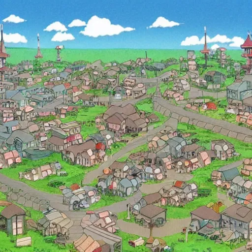 Image similar to a town designed by hayao miyazaki, studio ghibli