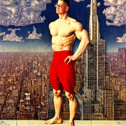 Prompt: marvelous detailed portrait of a ripped physique winged Nephilim Hank Hill Man with a halo standing above new york city. norman rockwell heorhiy narbut jessie wilcox smith beatrix potter joseph leyendecker acrylic painting