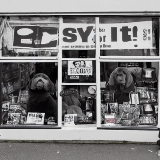 Image similar to mark e smith crouched behind a display window outside a pet shop, he is for sale