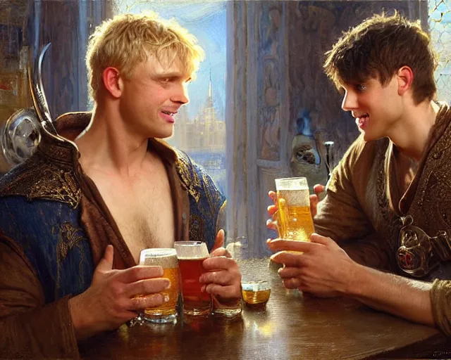 Prompt: attractive arthur pendragon and attractive merlin, both around 2 5 years old go to a pub together to have some drinks. highly detailed painting by gaston bussiere, craig mullins, j. c. leyendecker 8 k