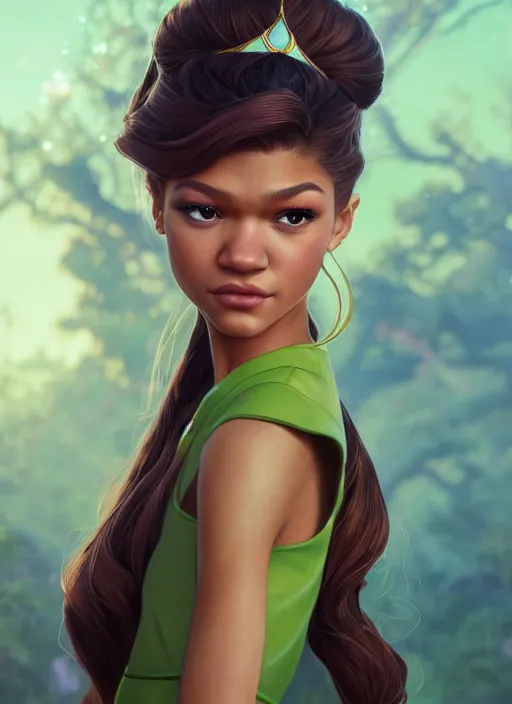 Prompt: beautiful zendaya as tiana princess disney, character art, art by artgerm lau and wlop and and ilya kuvshinov and john singer sargent, hyperdetailed, 8 k realistic, symmetrical, frostbite 3 engine, cryengine, dof, trending on artstation, digital art