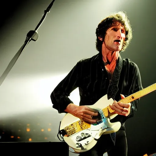 Prompt: Todd Howard performing on stage with Fleetwood Mac. Photojournalism, flash photography, concert photo, hyper realistic, dynamic lighting, god rays, smoke machine.