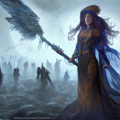 Image similar to beautiful female wizard, daughter of death, surrounded by followers, featured on artstation, 8k highly detailed, intricate oil painting, concept art