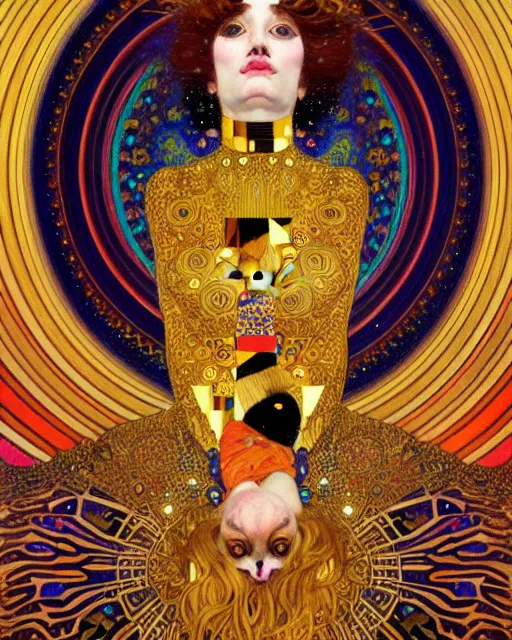 Image similar to magician cat portrait an oil painting splashes with many colors and shapes by gustav klimt greg rutkowski and alphonse mucha, polycount, generative art, psychedelic, fractalism, glitch art