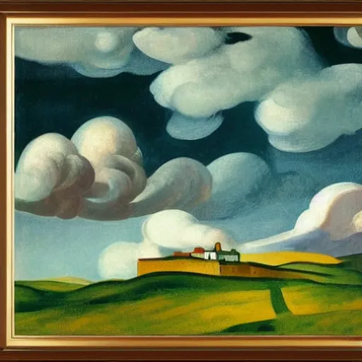 Image similar to dramatic landscape of donegal ireland after the storm, mammatus clouds and lenticular clouds, by edward hopper and giorgio de chirico