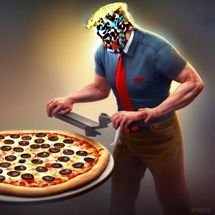 Prompt: epic professional digital art of trump making a pizza, best on artstation, cgsociety, wlop, behance, pixiv, cosmic, epic, stunning, gorgeous, much detail, much wow, masterpiece by dorian cleavanger and stanley lau