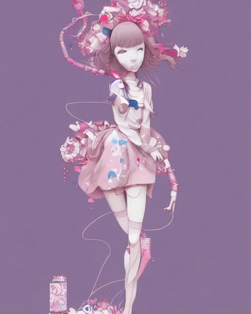 Prompt: james jean isolated vinyl figure harajuku girl character design, figure photography, dynamic pose, holographic undertones, glitter accents on figure, anime stylized, accurate fictional proportions, high delicate defined details, ethereal lighting