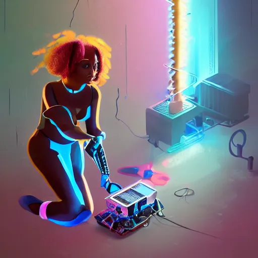 Image similar to a black girl fixing a robot, in the nature, mixing solarpunk, afropunk and cyberpunk technology and aesthetic ( ( ( ( volumetric light ) ) ) ), high angle, part by pearl fryar, part by prince damah, sunny day, trending on artstation, cinematic view, illustration, painting.