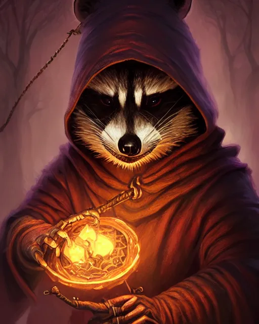 Prompt: anthropomorphic hooded necromancer raccoon casting a spell in a dungeon, deep focus, d & d, fantasy, intricate, elegant, highly detailed, digital painting, artstation, concept art, matte, sharp focus, illustration, hearthstone, art by artgerm and greg rutkowski and alphonse mucha