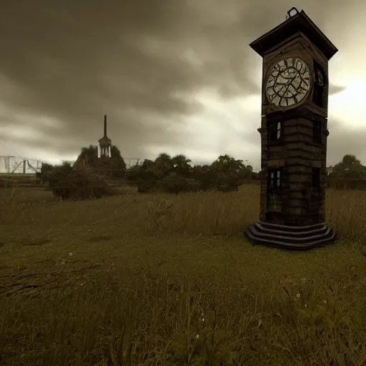 Prompt: An abandoned wacky clock tower based in the victorian period, the clouds are darky with gloomy lighting in unreal engine