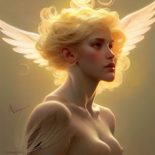 Image similar to Angel girl with blonde hair and glowing halo, wings, fantasy, intricate, elegant, highly detailed, digital painting, artstation, concept art, smooth, sharp focus, illustration, art by Krenz Cushart and Artem Demura and alphonse mucha