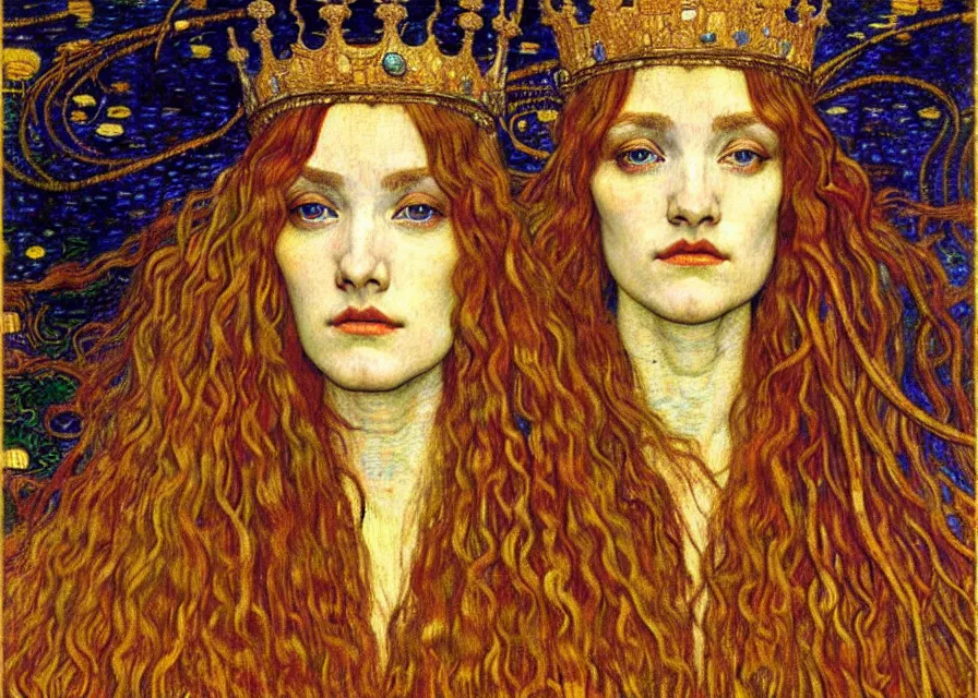 Image similar to detailed realistic beautiful young medieval queen face portrait by jean delville, gustav klimt and vincent van gogh, art nouveau, symbolist, visionary, gothic, pre - raphaelite, muted earthy colors, desaturated